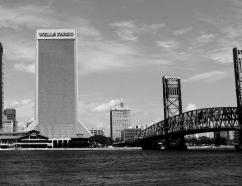 A bridge and some buildings on the water.
